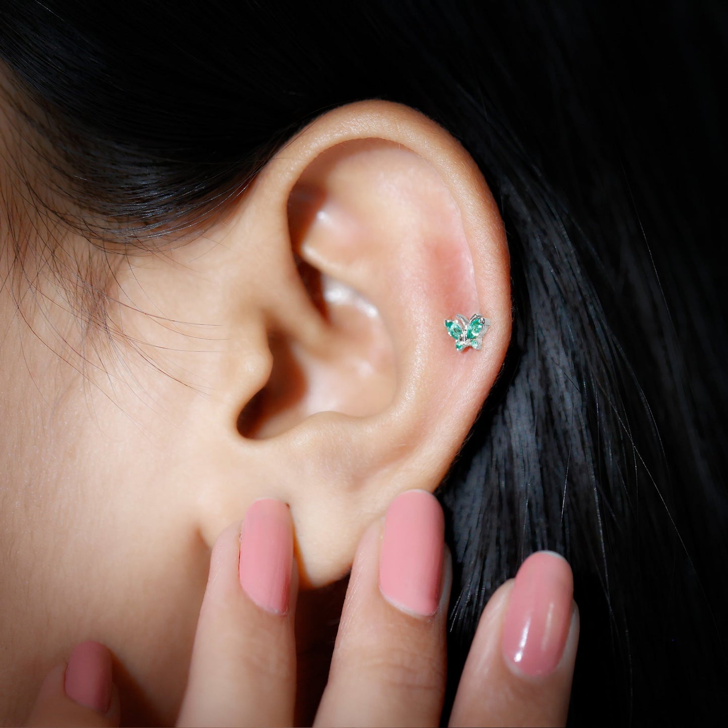 Natural Emerald Butterfly Earring for Cartilage Piercing