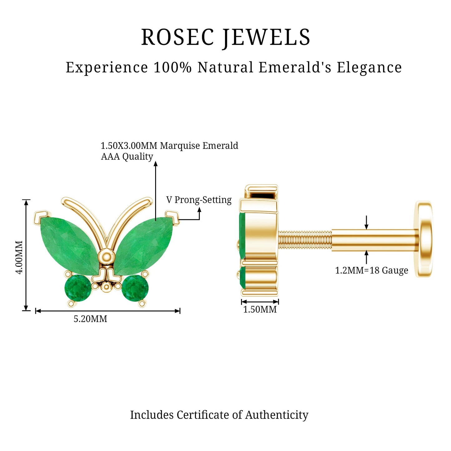 Natural Emerald Butterfly Earring for Cartilage Piercing
