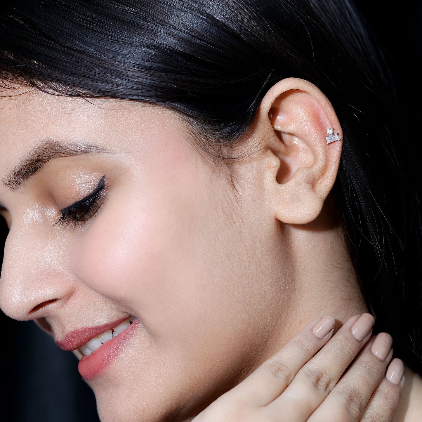 Baguette and Round Cut Moissanite Tragus Earring