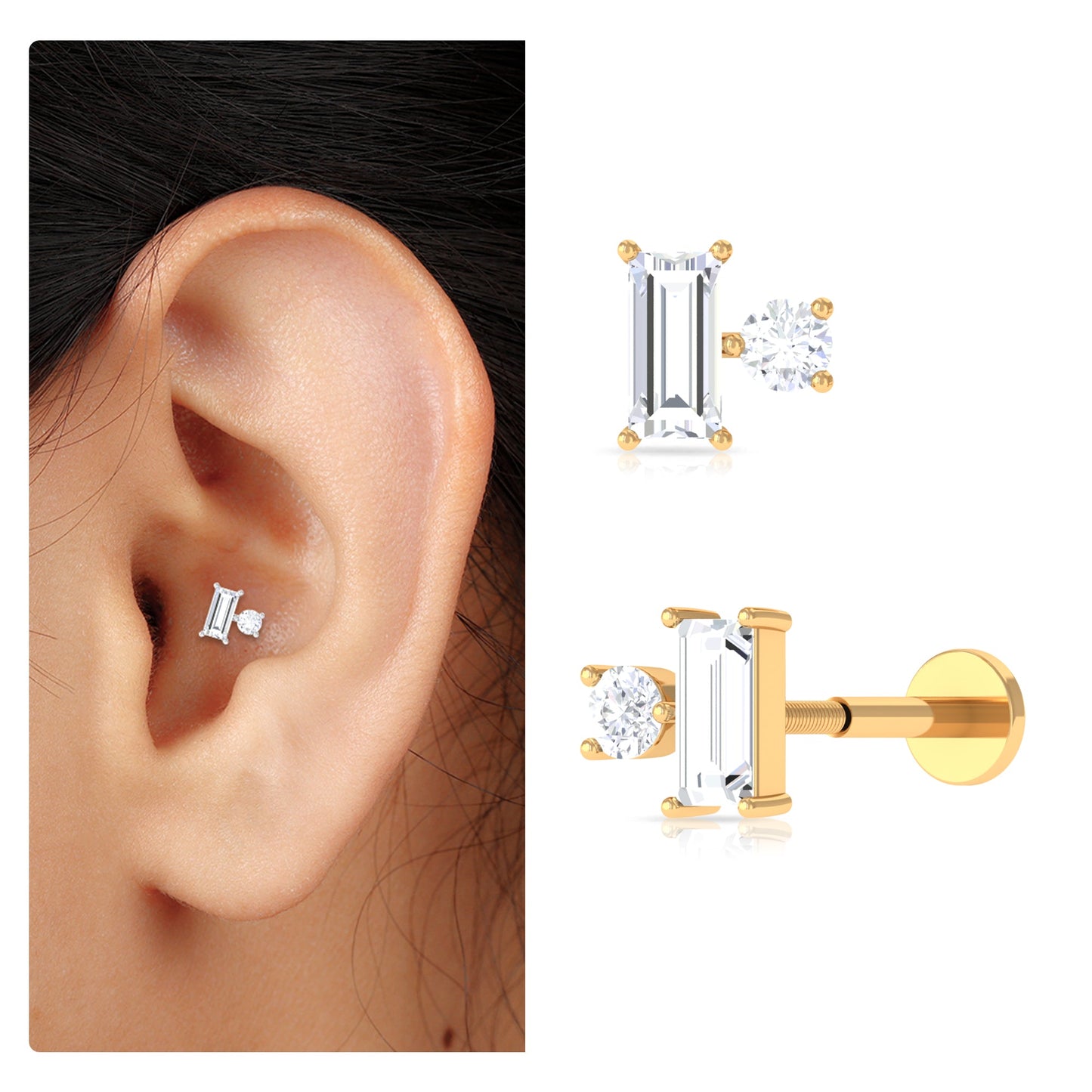 Baguette and Round Cut Moissanite Tragus Earring