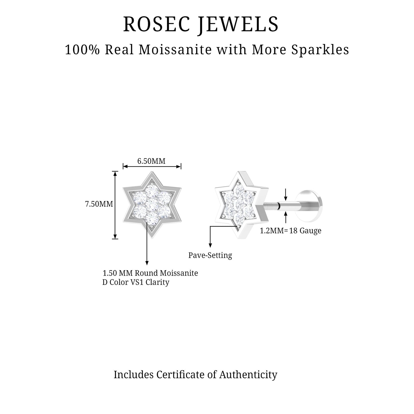 Round Moissanite Star Earring for Cartilage Piercing