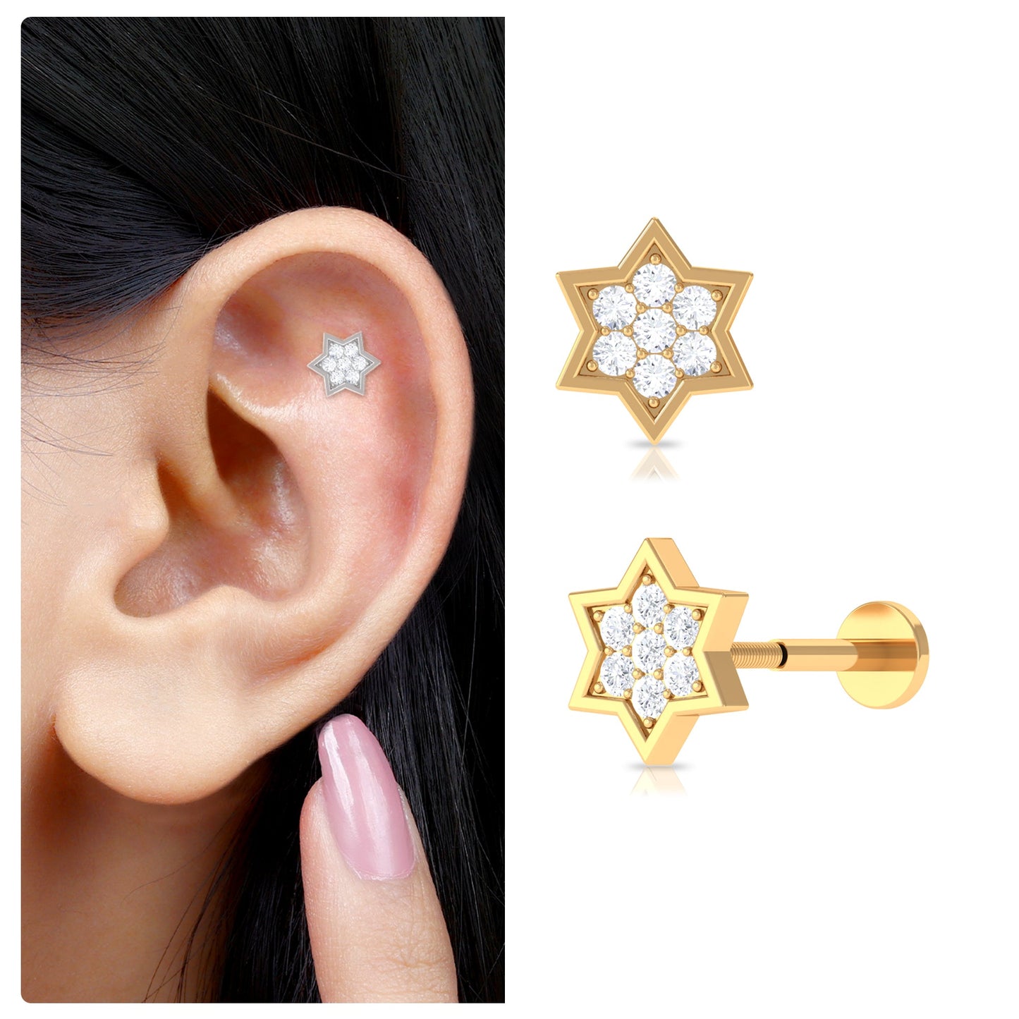 Round Moissanite Star Earring for Cartilage Piercing