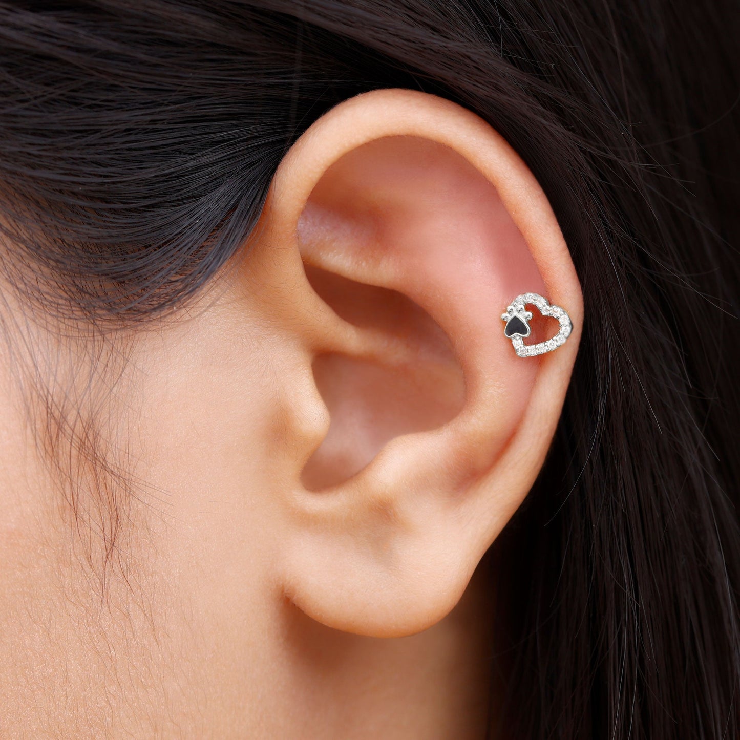 Certified Moissanite Paw and Heart Cartilage Earring with Enamel
