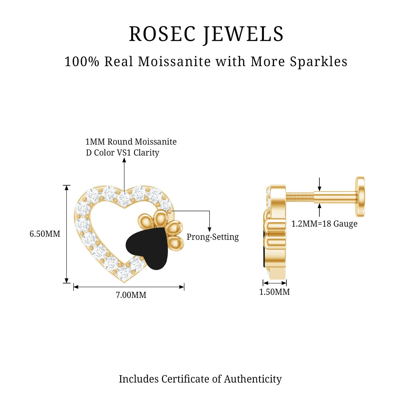 Certified Moissanite Paw and Heart Cartilage Earring with Enamel