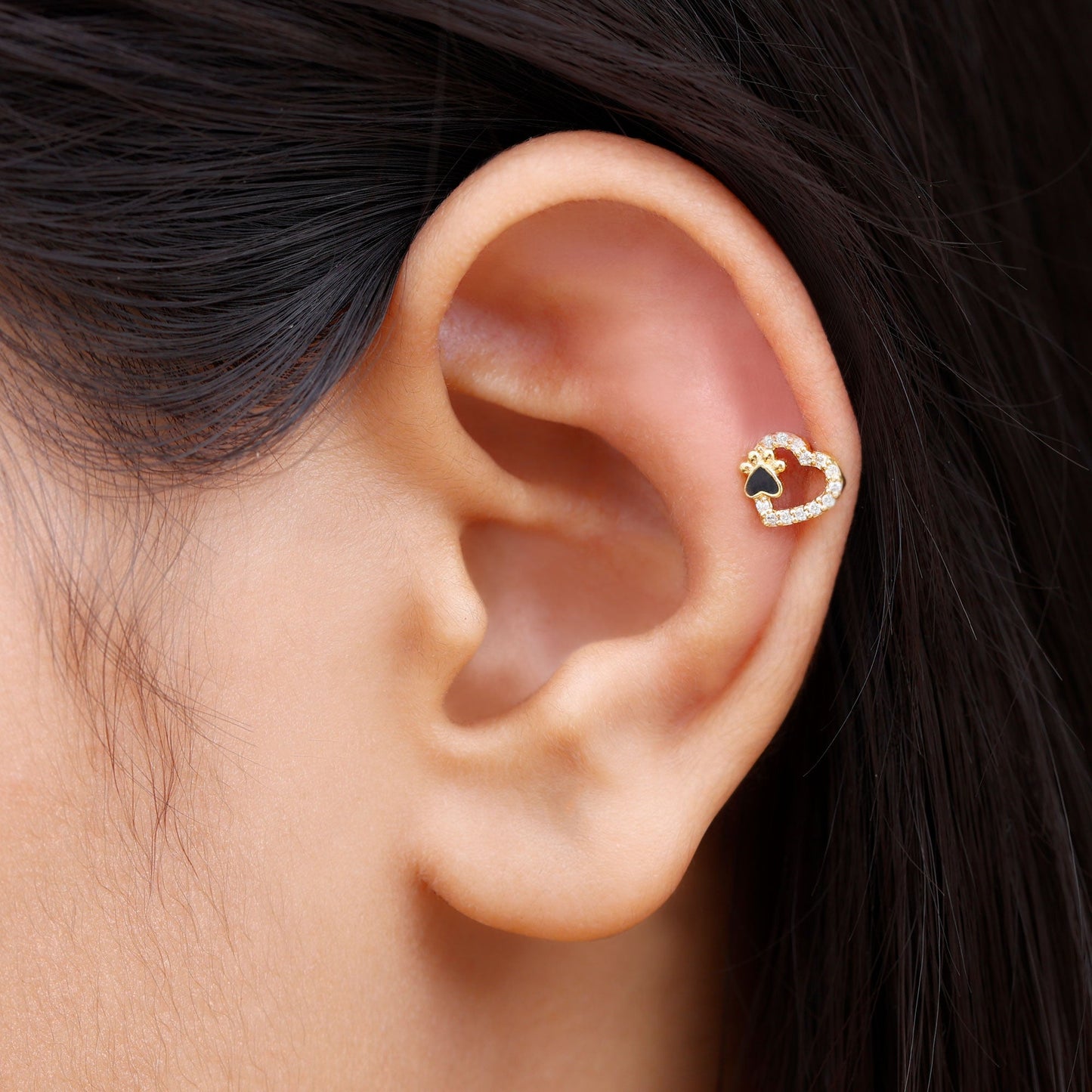 Certified Moissanite Paw and Heart Cartilage Earring with Enamel