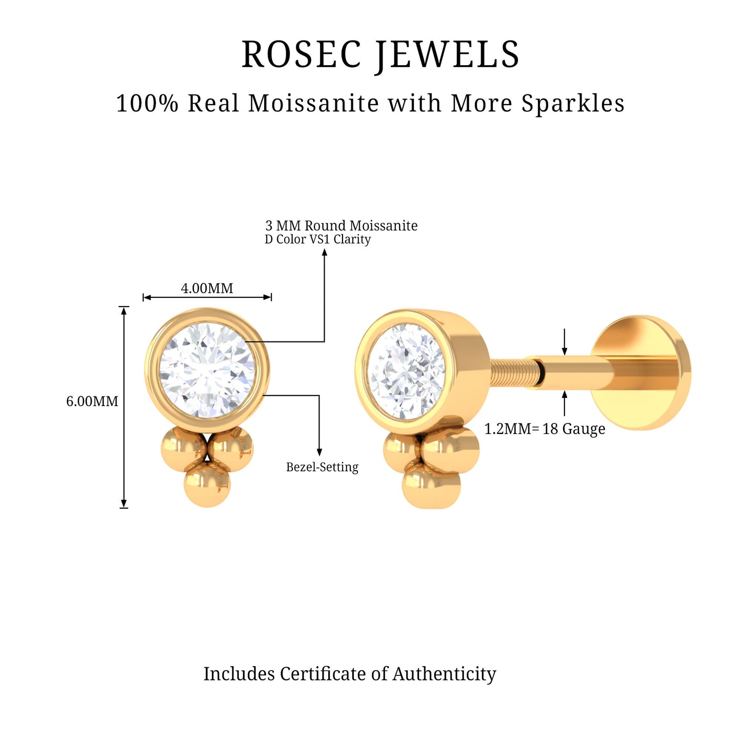 Minimalist Moissanite Beaded Helix Earring in Bezel Setting