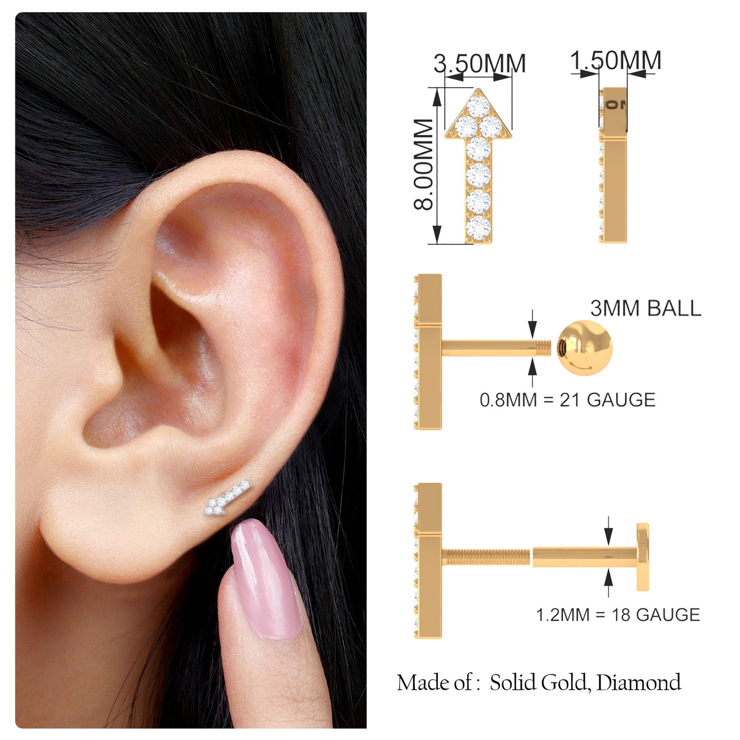 Minimal Diamond Arrow Forward Helix Earring