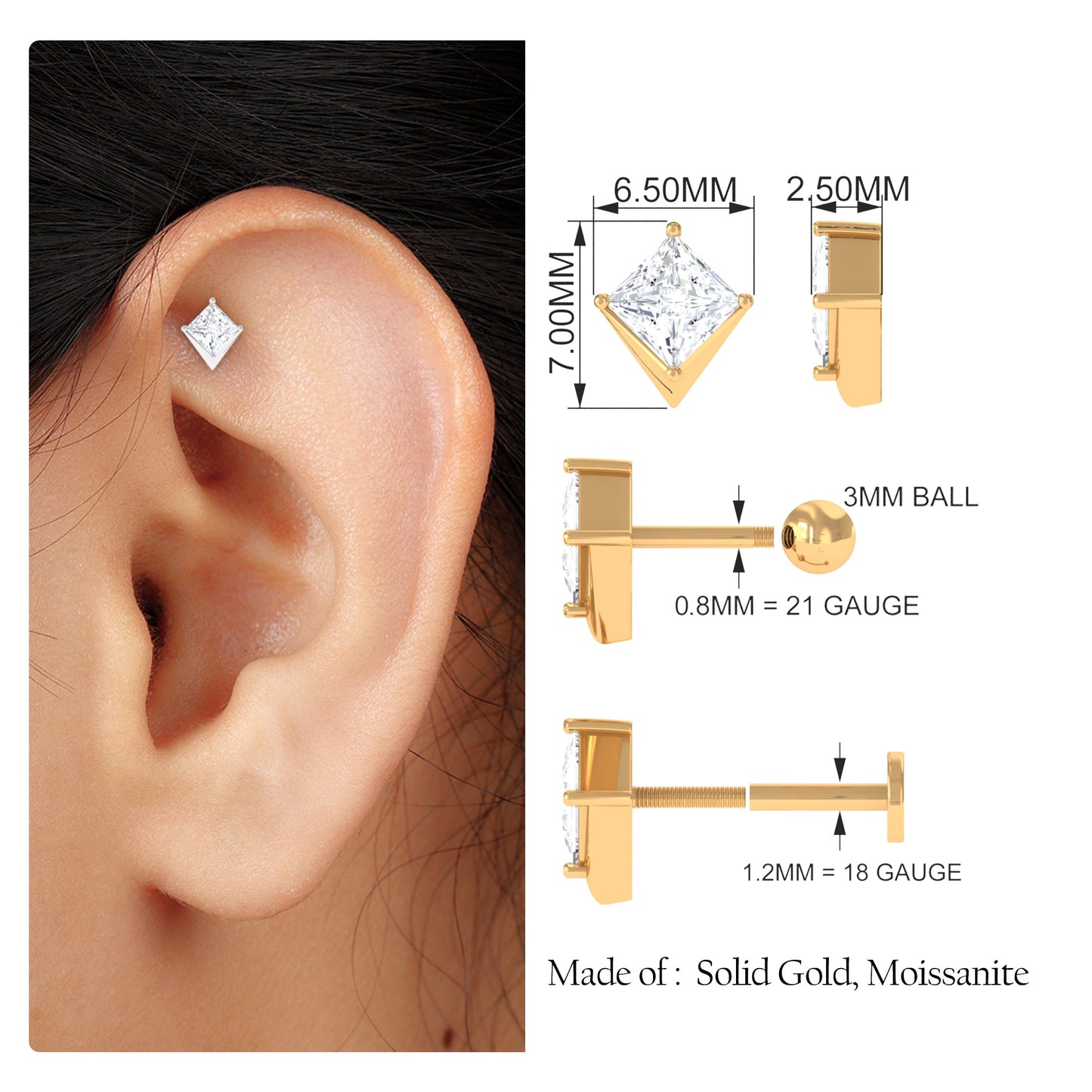 Princess Cut Moissanite Tragus Earring for Women