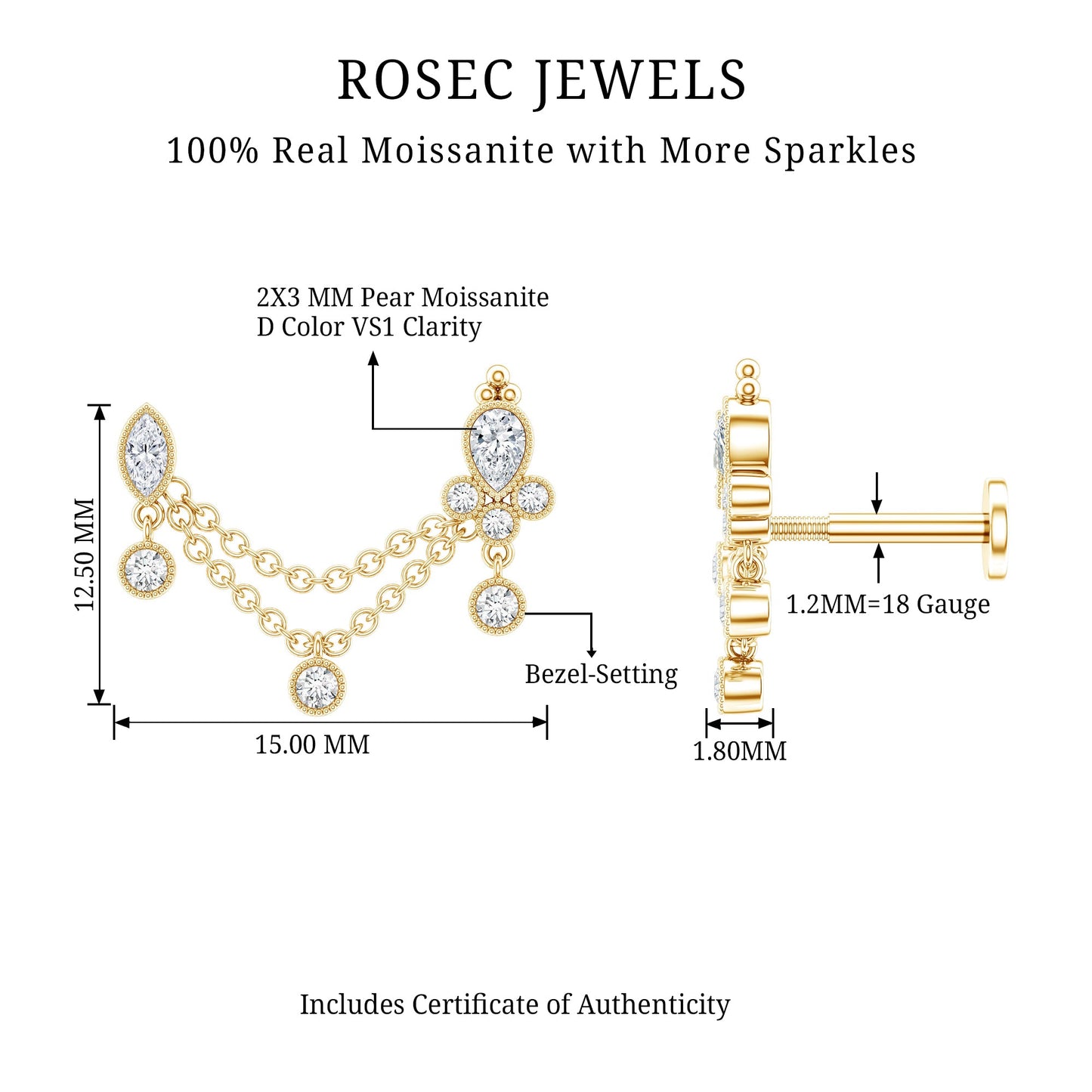 Certified Moissanite Double Chain Earring for Helix Piercing