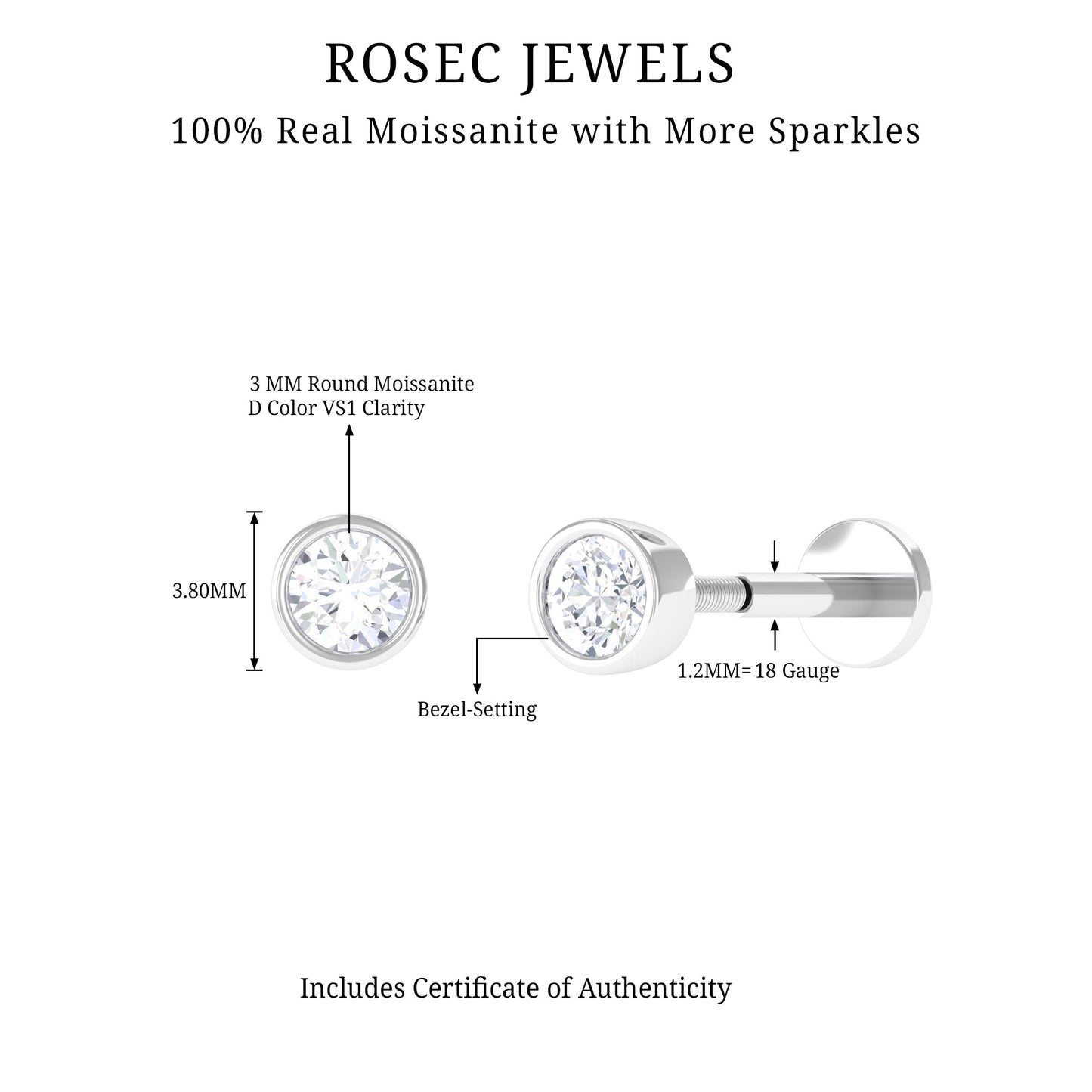 Dainty Moissanite Conch Cartilage Earring in Bezel Setting