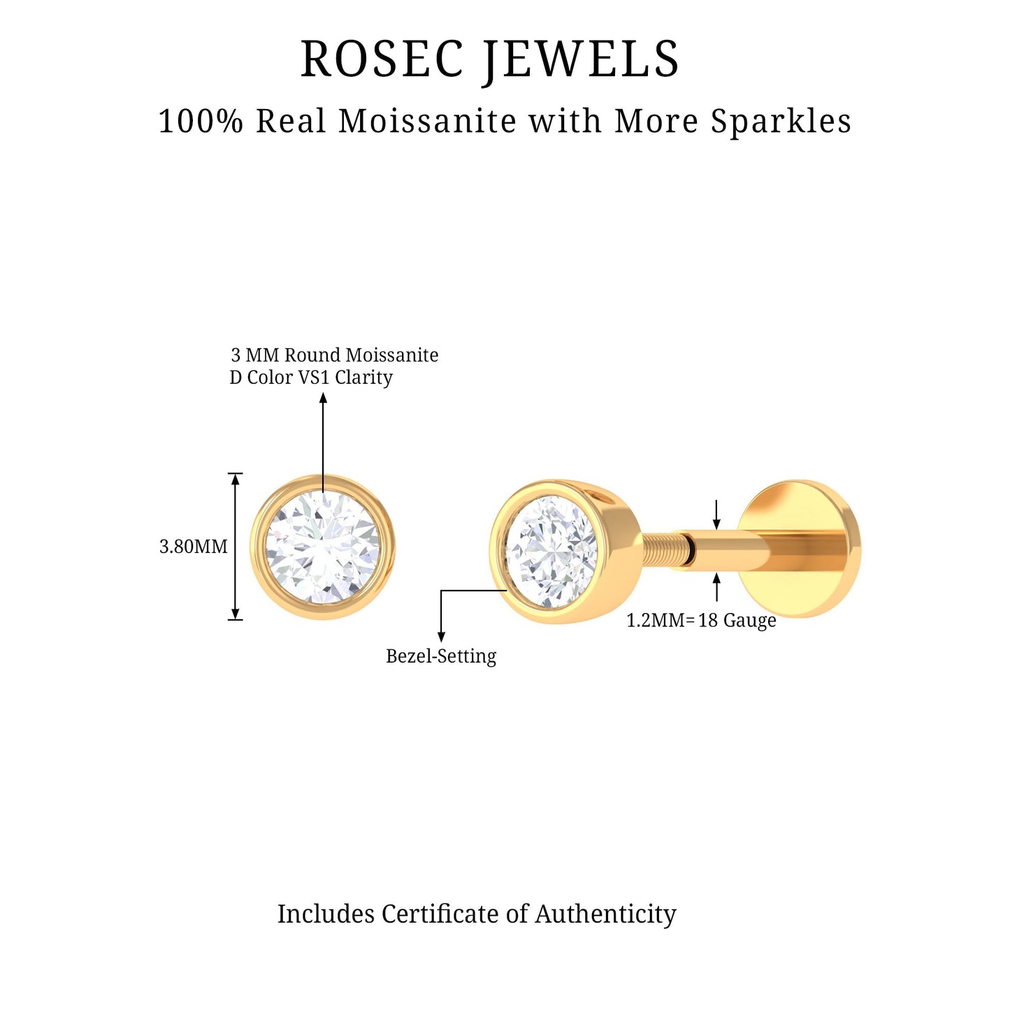 Dainty Moissanite Conch Cartilage Earring in Bezel Setting