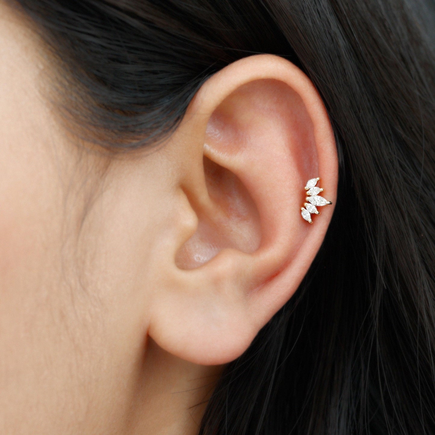 Marquise Moissanite Leaf Ear Crawler Earring