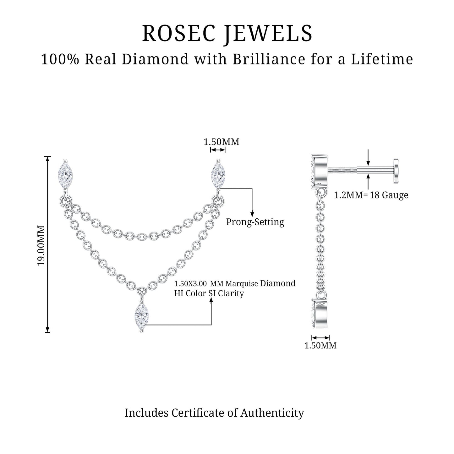 Marquise Diamond Double Piercing Earring with Dangling Chain