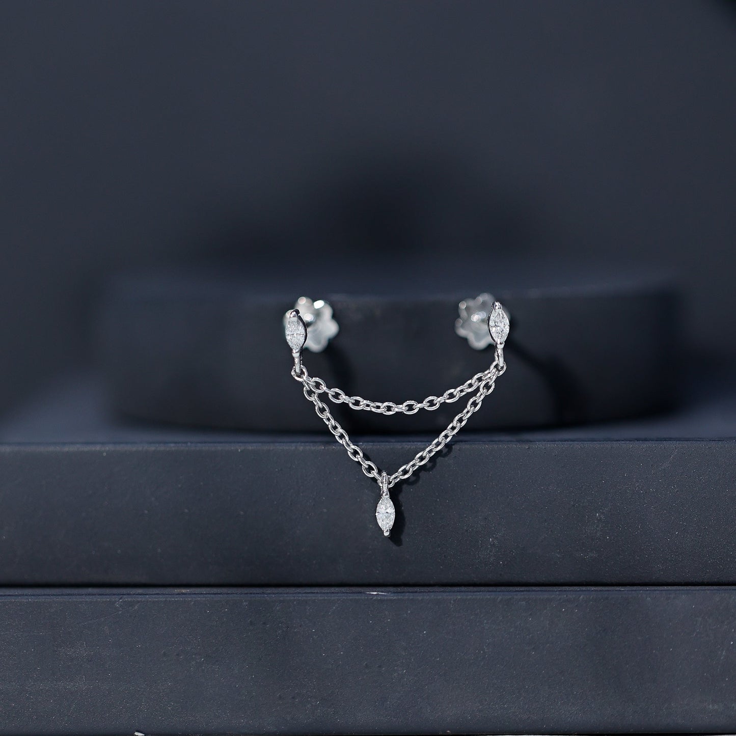 Marquise Diamond Double Piercing Earring with Dangling Chain