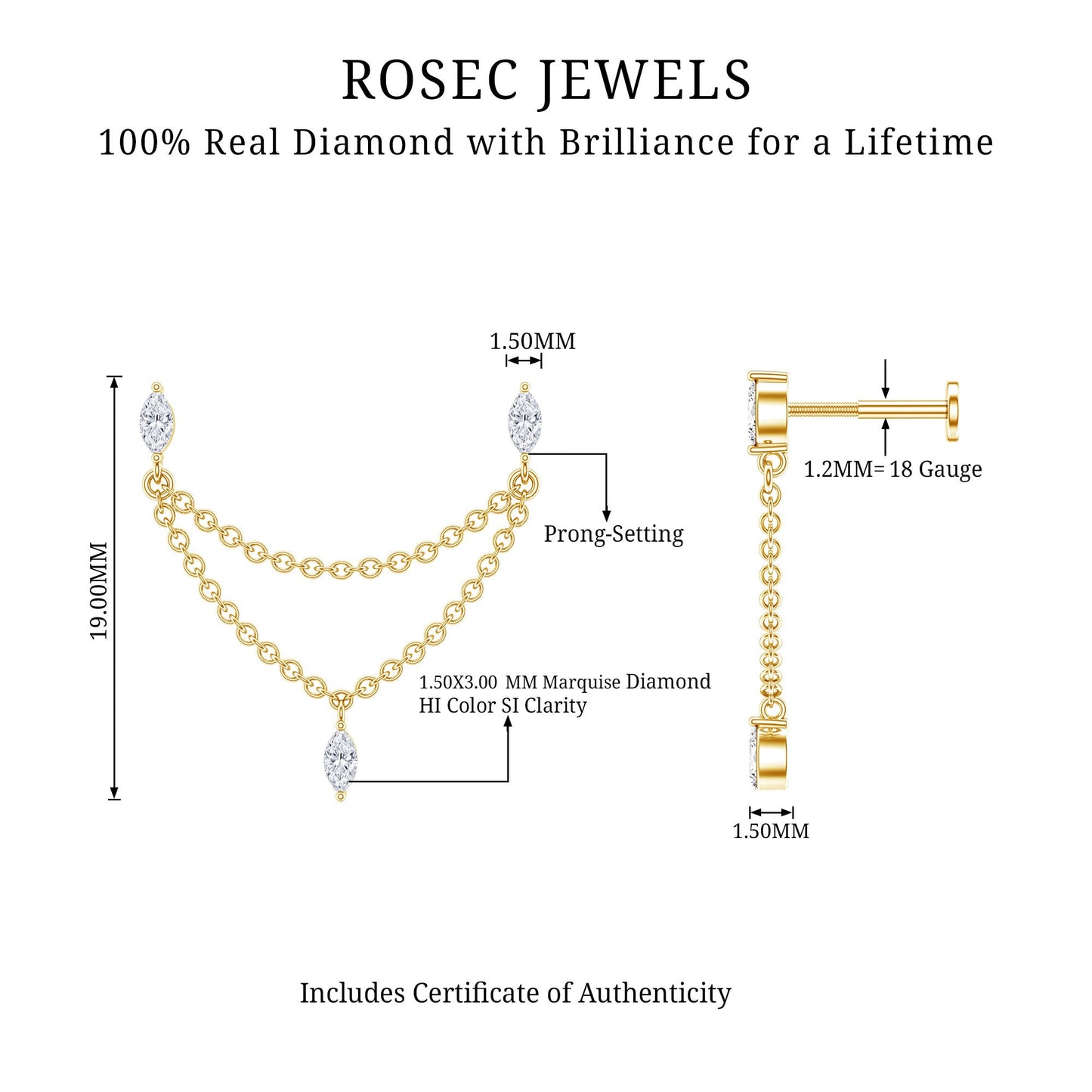 Marquise Diamond Double Piercing Earring with Dangling Chain