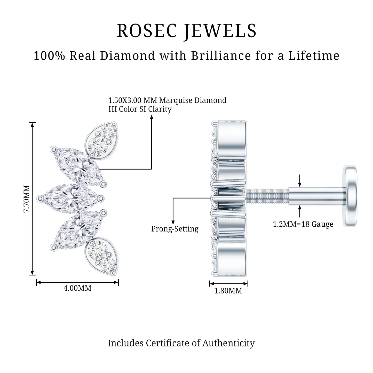 Marquise Diamond Leaf Crawler Earring for Helix Piercing