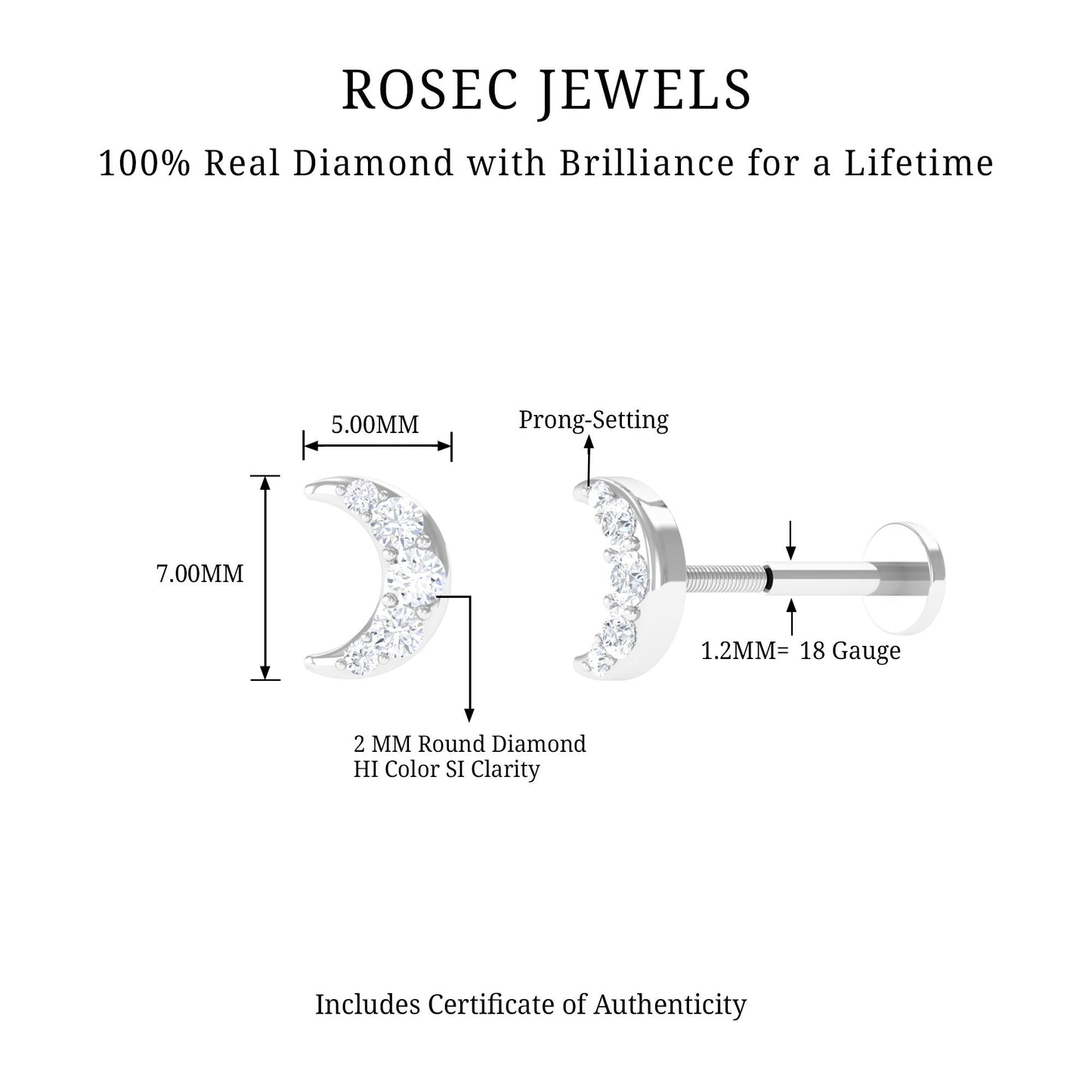 Round Cut Diamond Crescent Moon Cartilage Earring
