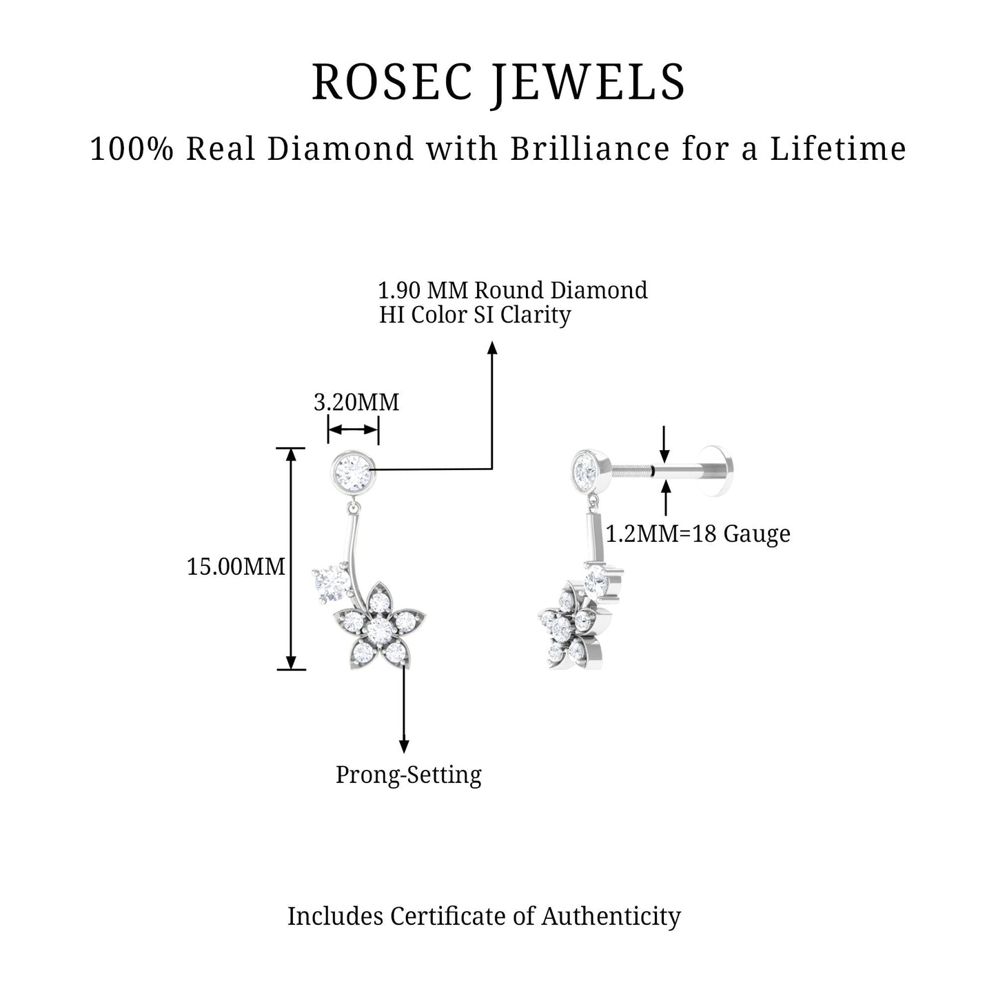 Diamond Floral Drop Earring for Cartilage Piercing