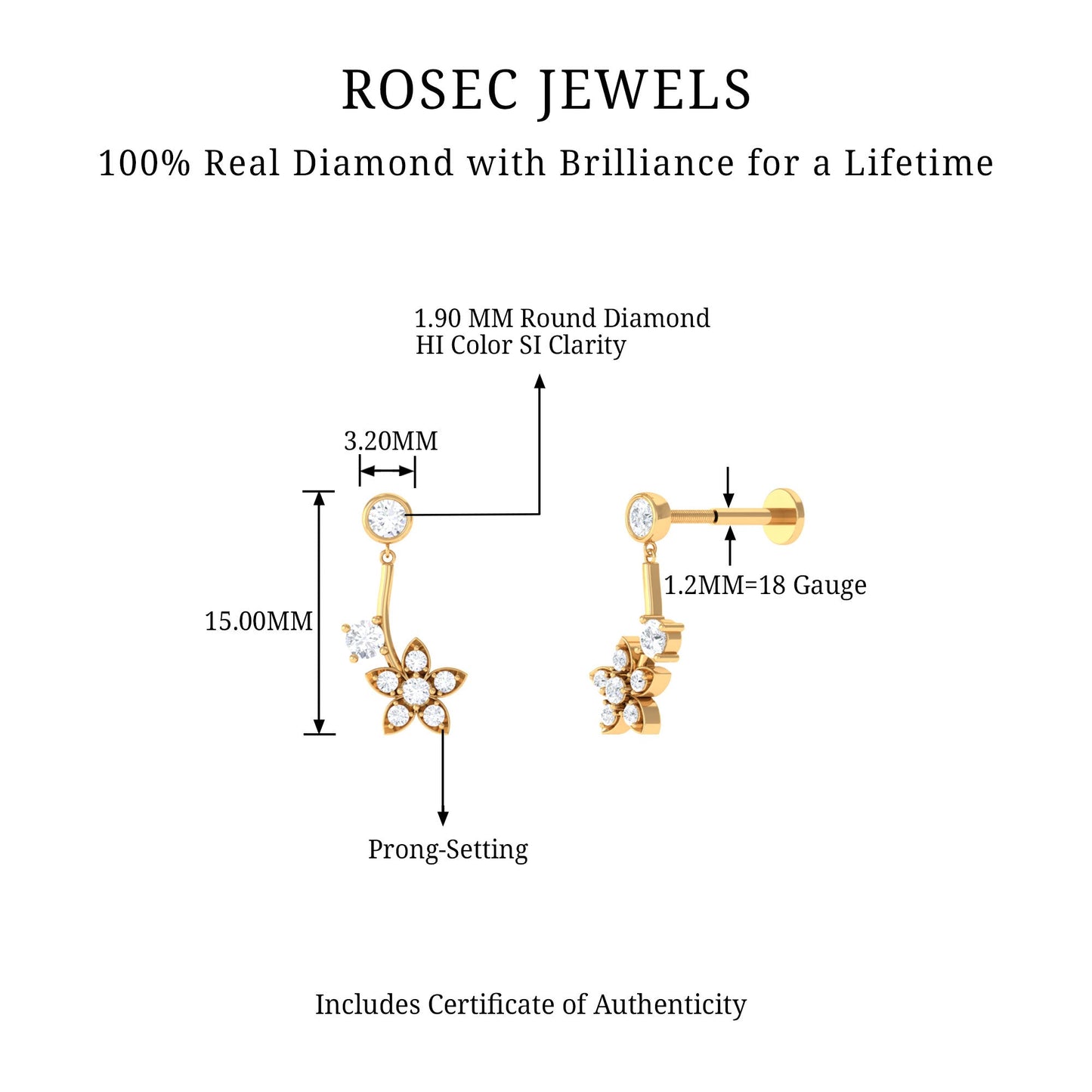 Diamond Floral Drop Earring for Cartilage Piercing