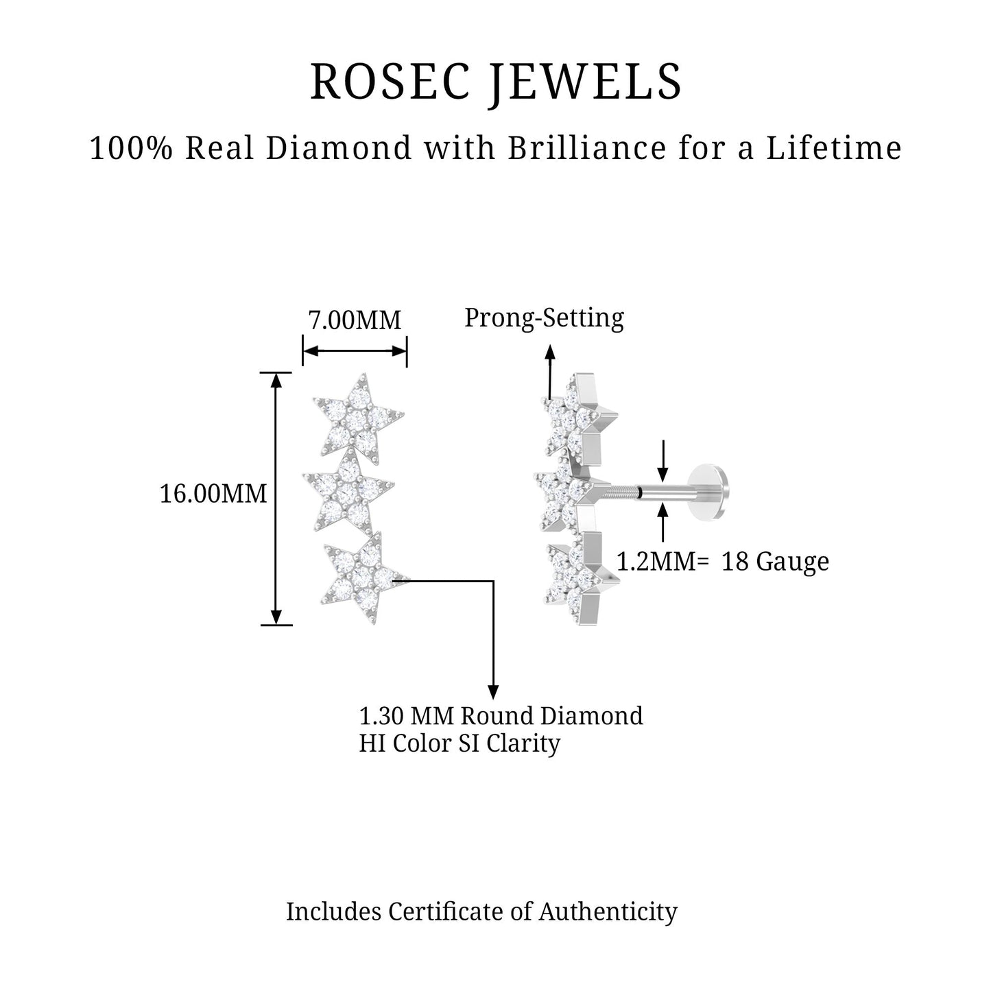 Diamond 3 Star Crawler Earring for Cartilage Piercing