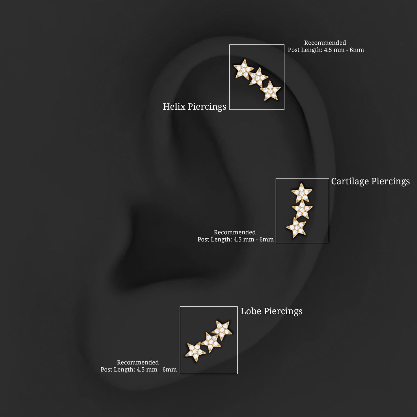 Diamond 3 Star Crawler Earring for Cartilage Piercing