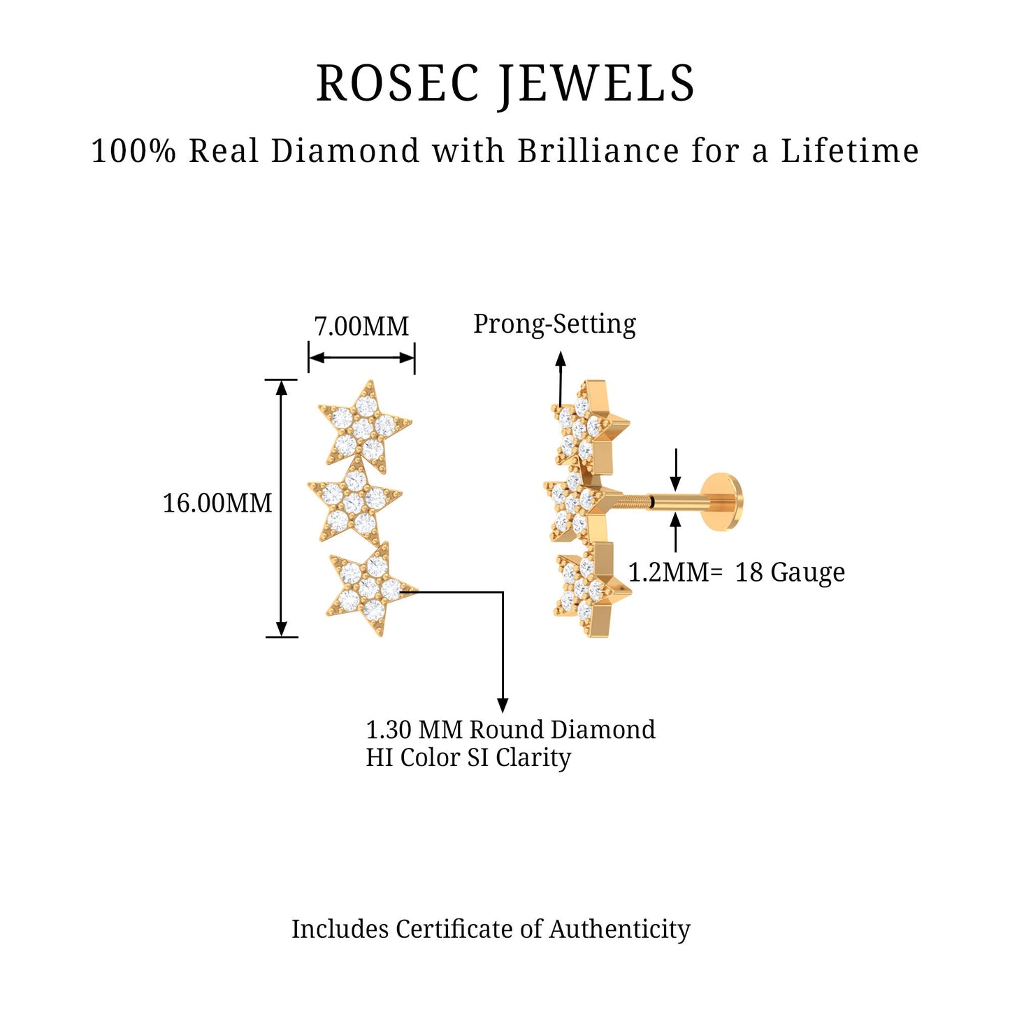 Diamond 3 Star Crawler Earring for Cartilage Piercing