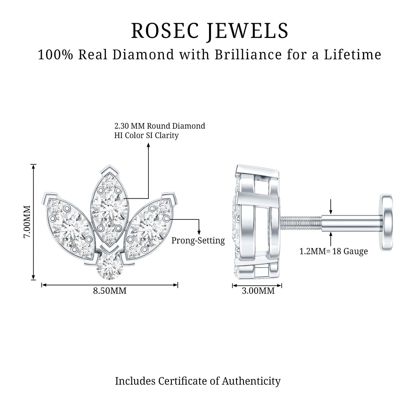 Certified Diamond Lotus Flower Earring with Flat Back
