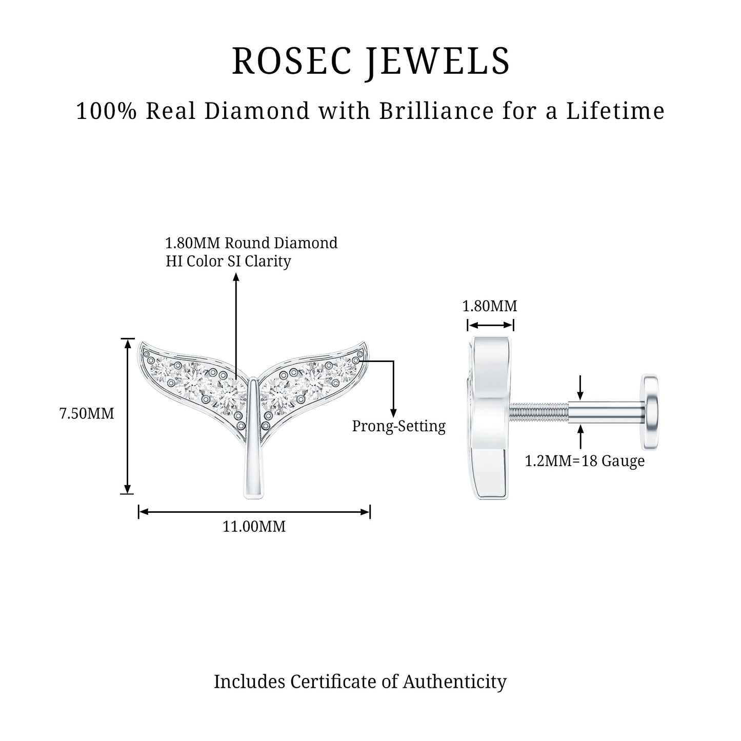 Certified Diamond Whale Tail Earring for Helix Piercing