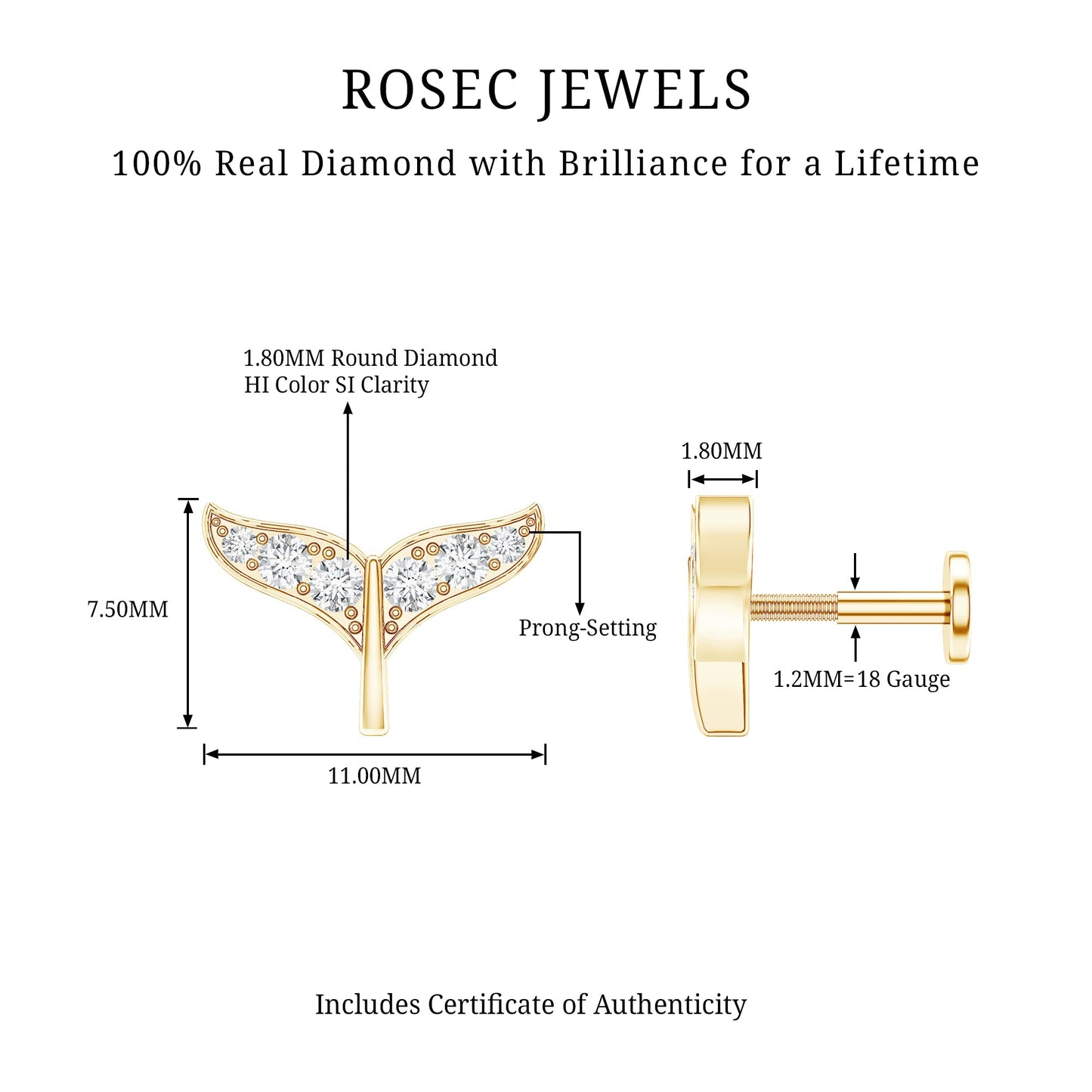 Certified Diamond Whale Tail Earring for Helix Piercing