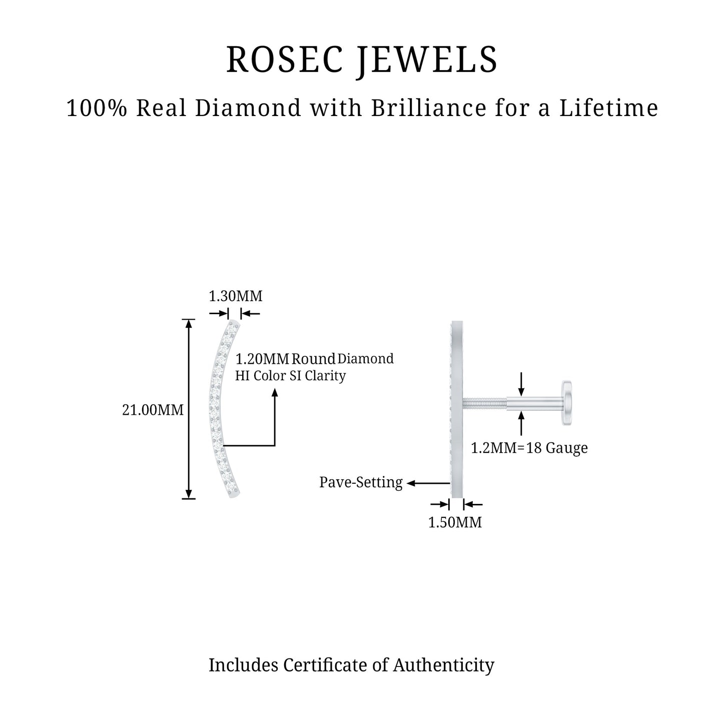 Pave Set Diamond Curved Bar Earring for Cartilage Piercing