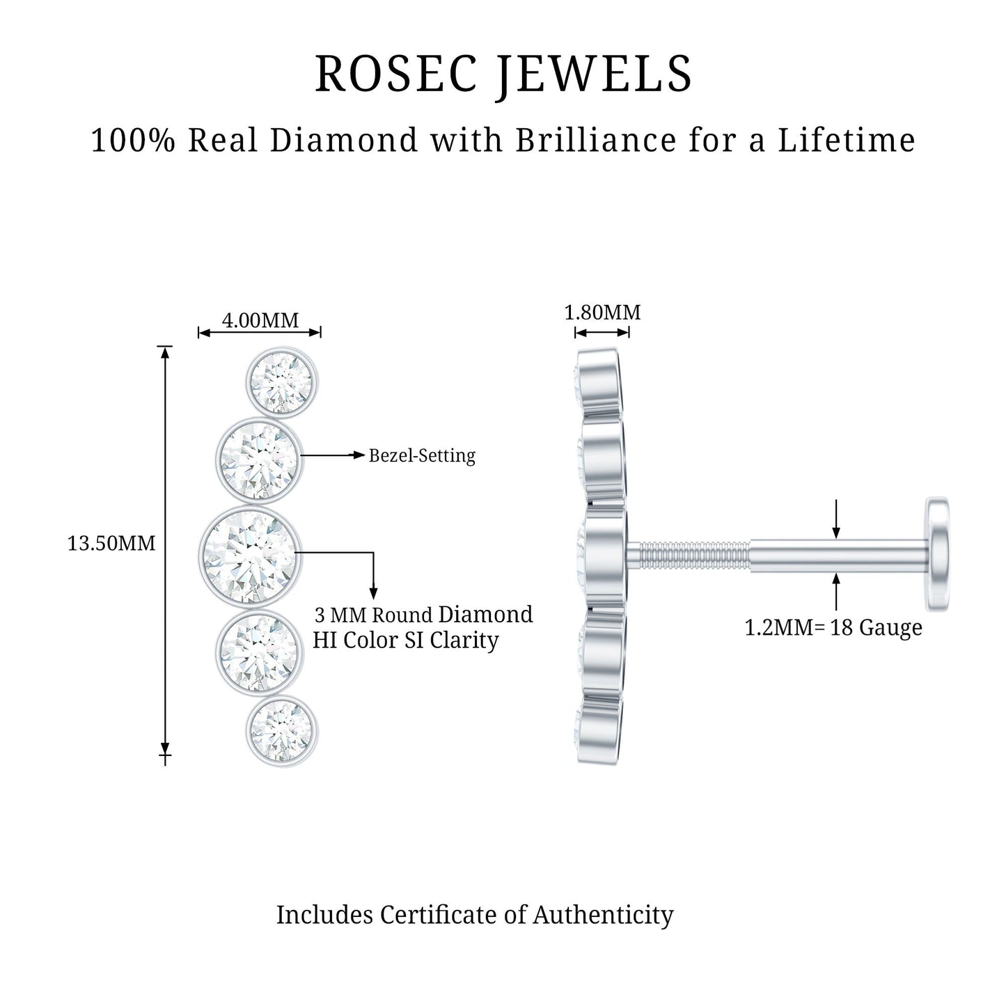 Graduated Style Diamond Crawler Earring for Helix Piercing