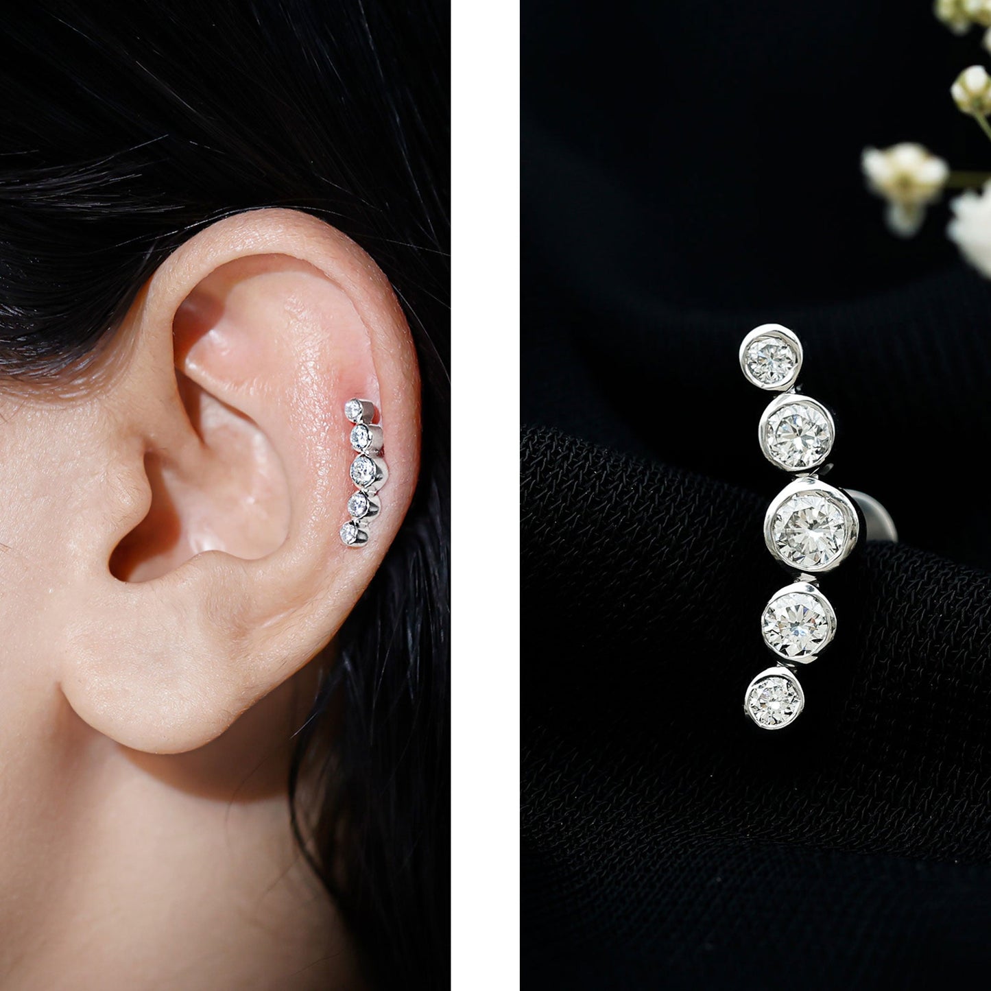 Graduated Style Diamond Crawler Earring for Helix Piercing