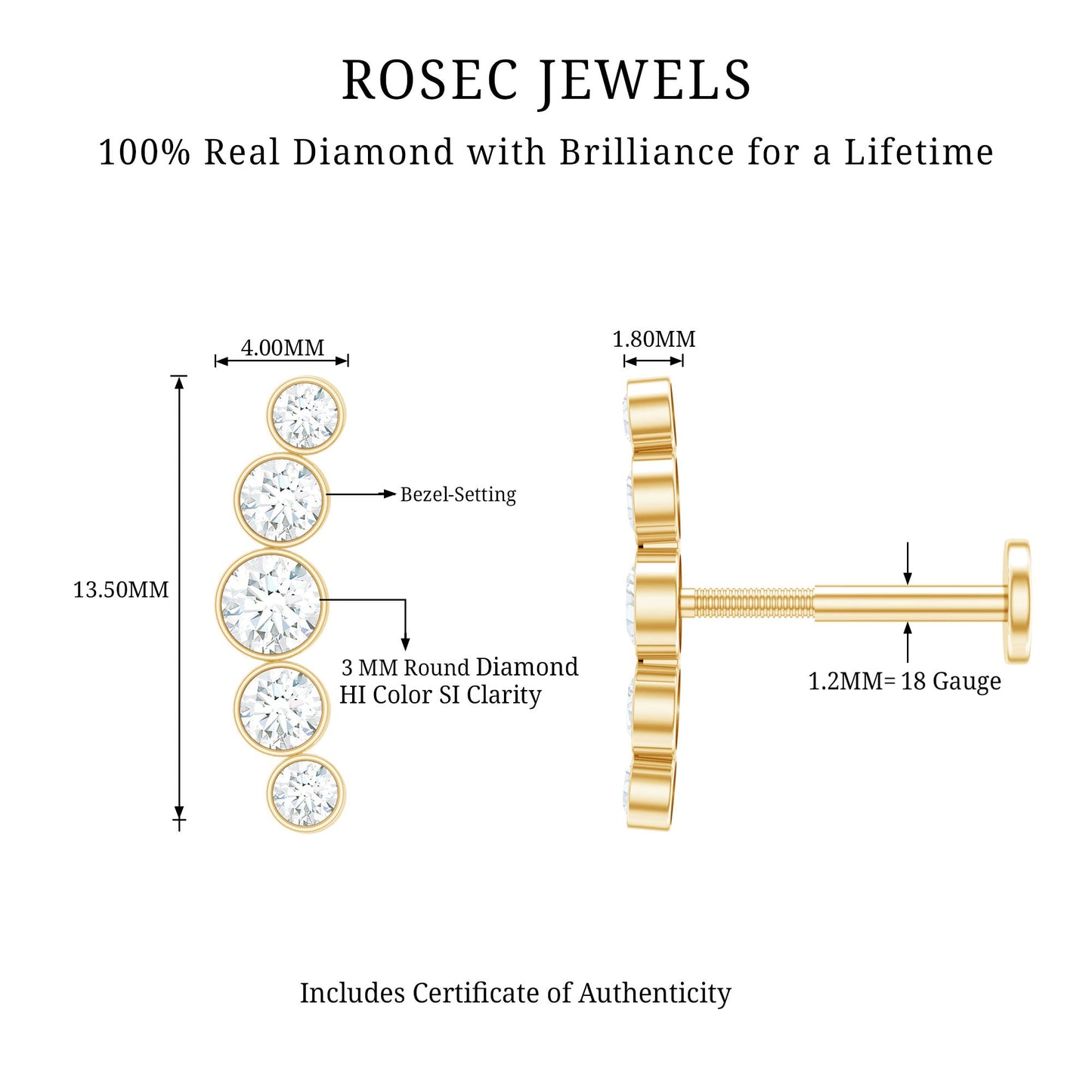Graduated Style Diamond Crawler Earring for Helix Piercing