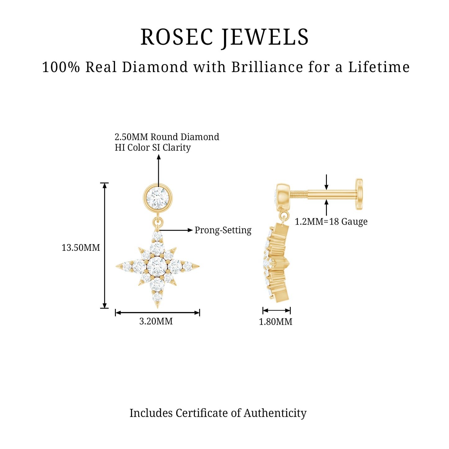 Certified Diamond Starburst Drop Earring for Helix Piercing