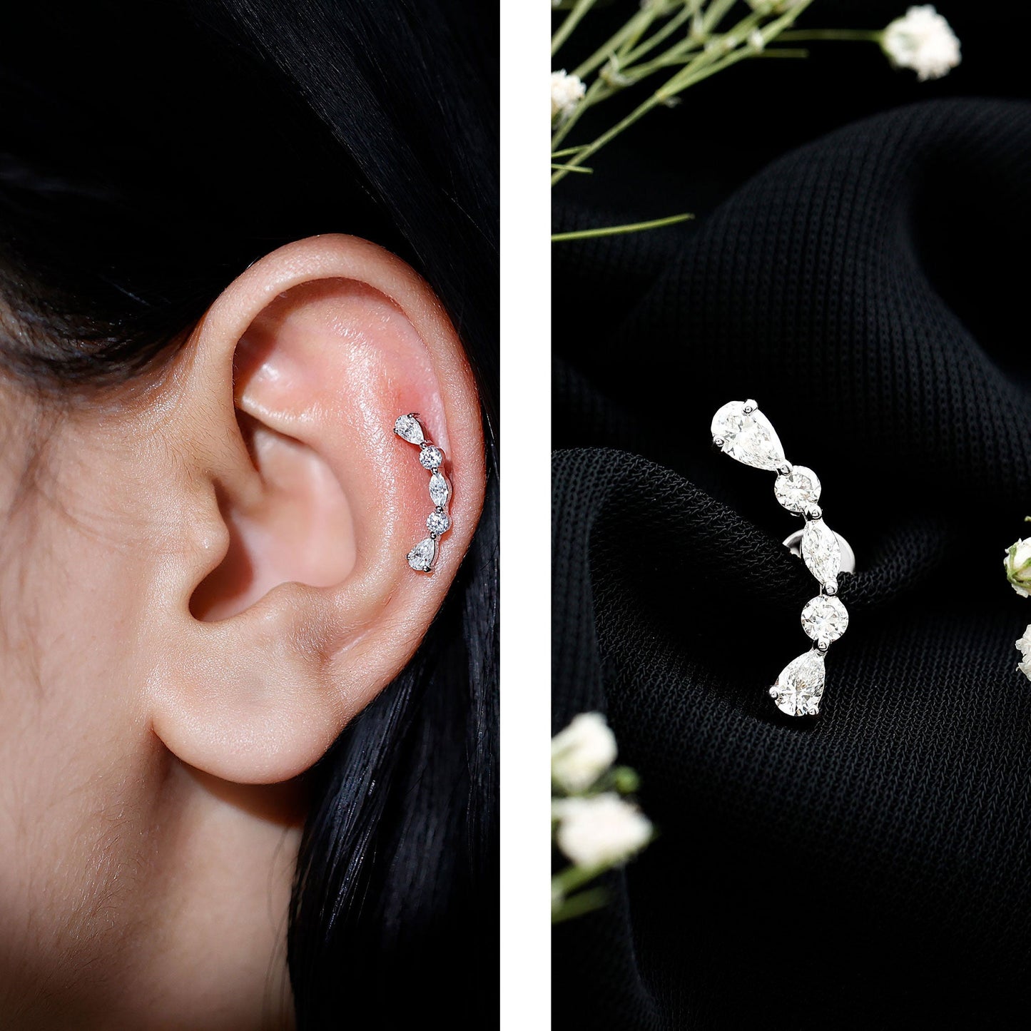 Simple Diamond Curved Crawler Earring for Helix Piercing