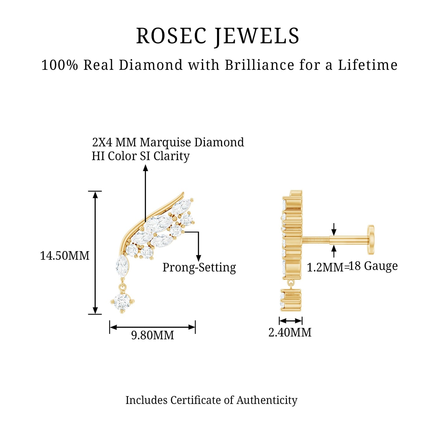 Brilliant Cut Diamond Wing Helix Drop Earring with Flat Back