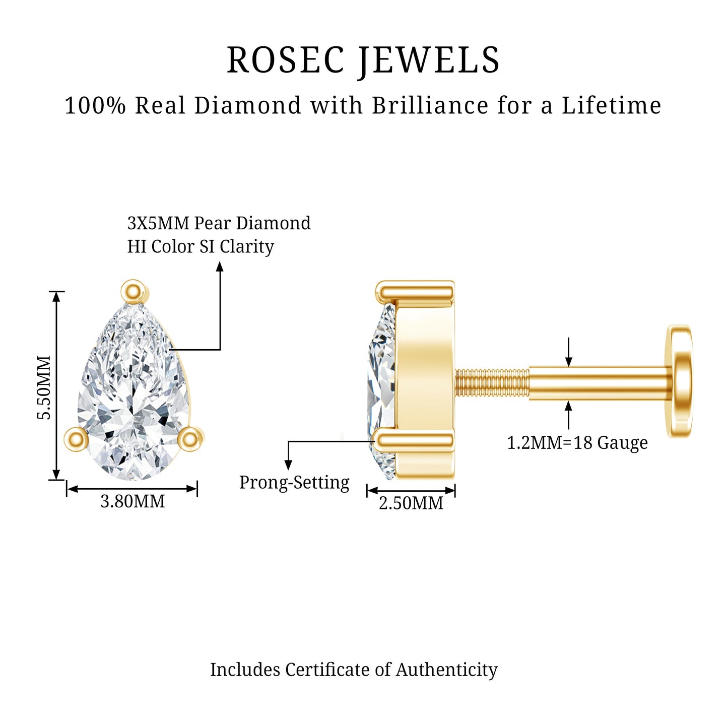 Solitaire Pear Shape Diamond Earring for Tragus Piercing