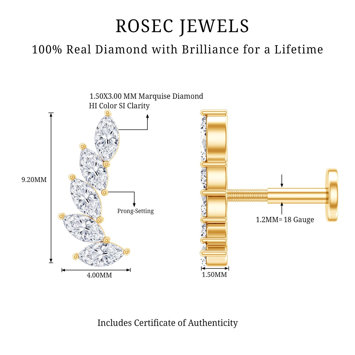 Marquise Diamond Crawler Earring for Helix Piercing