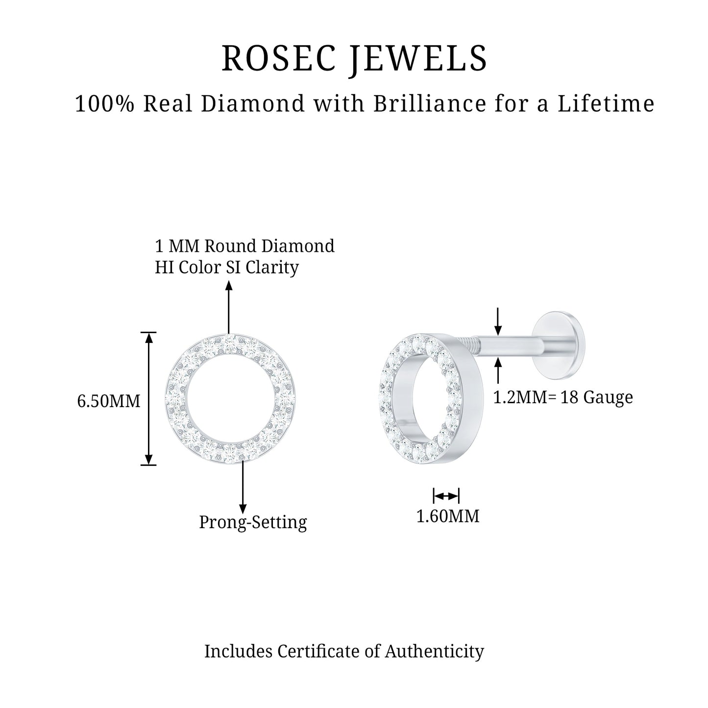 Brilliant Cut Diamond Circle Earring for Helix Piercing