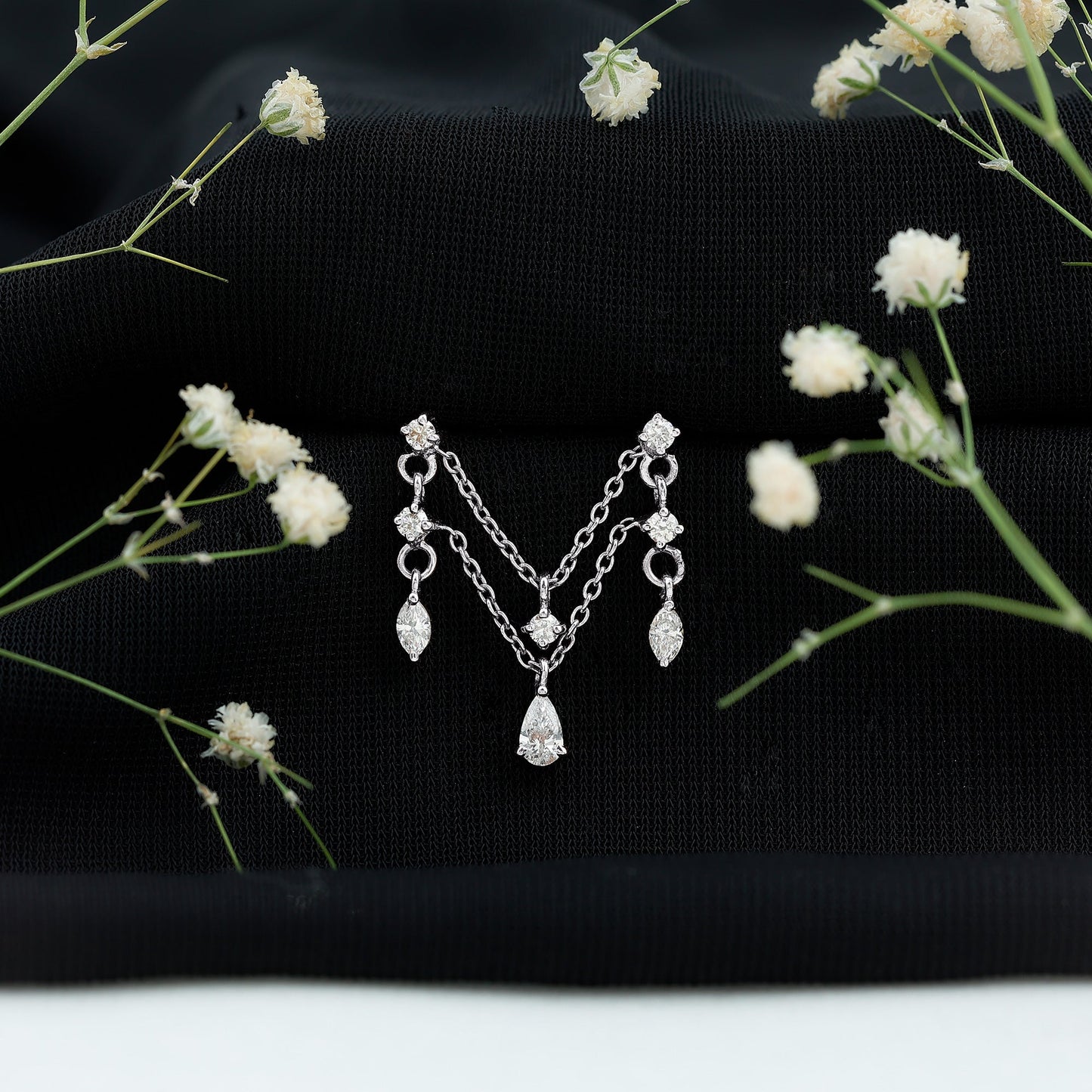 Brilliant Cut Diamond Double Chain Drop Earring for Cartilage Piercing