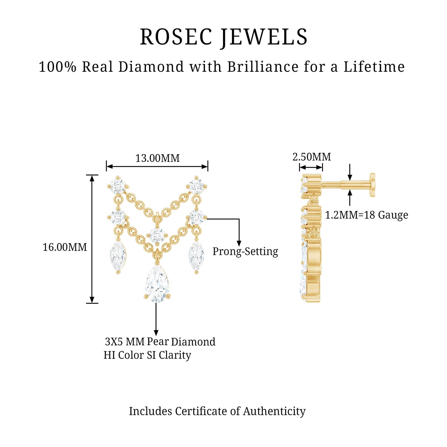 Brilliant Cut Diamond Double Chain Drop Earring for Cartilage Piercing