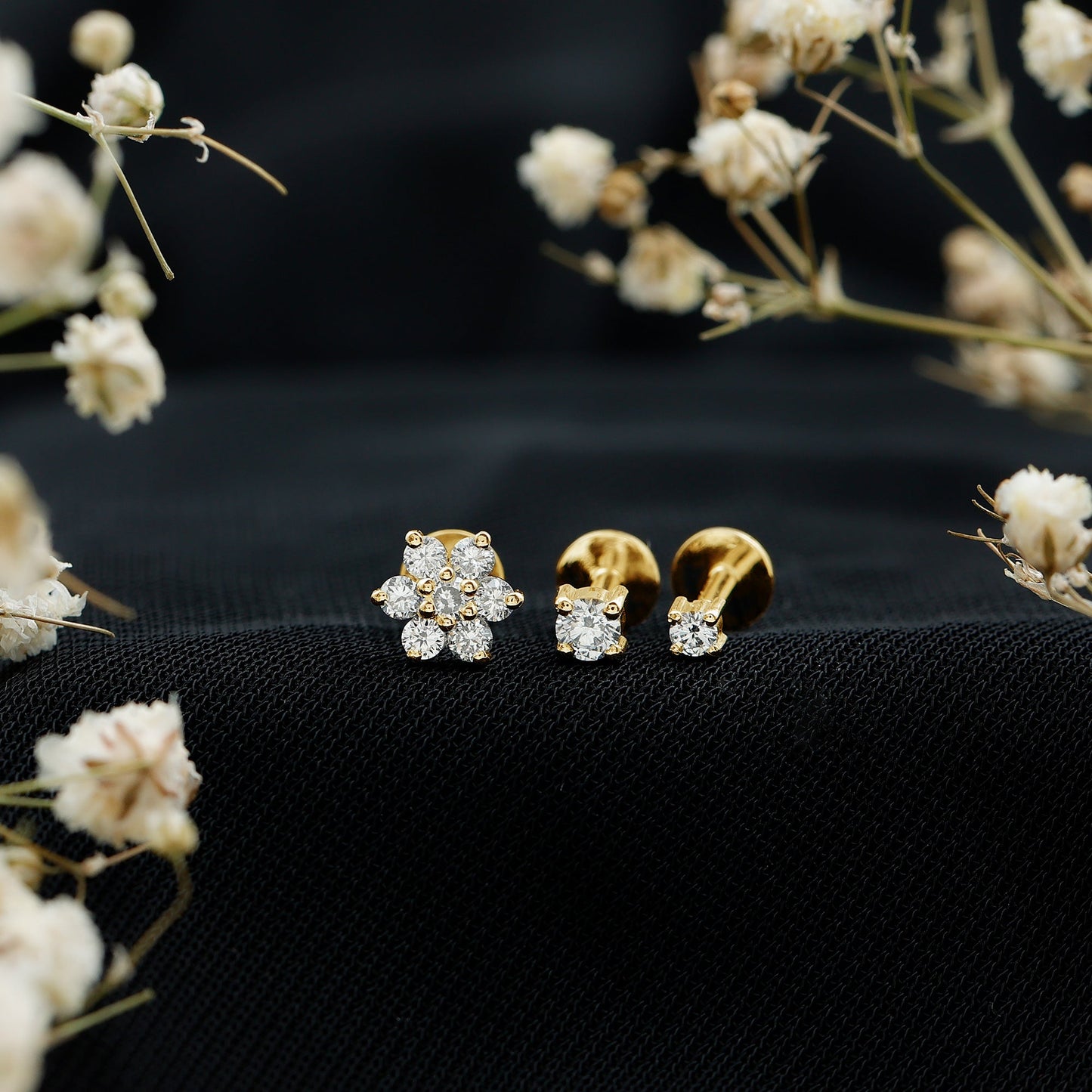 Certified Diamond Flower Helix Earring Set of 3