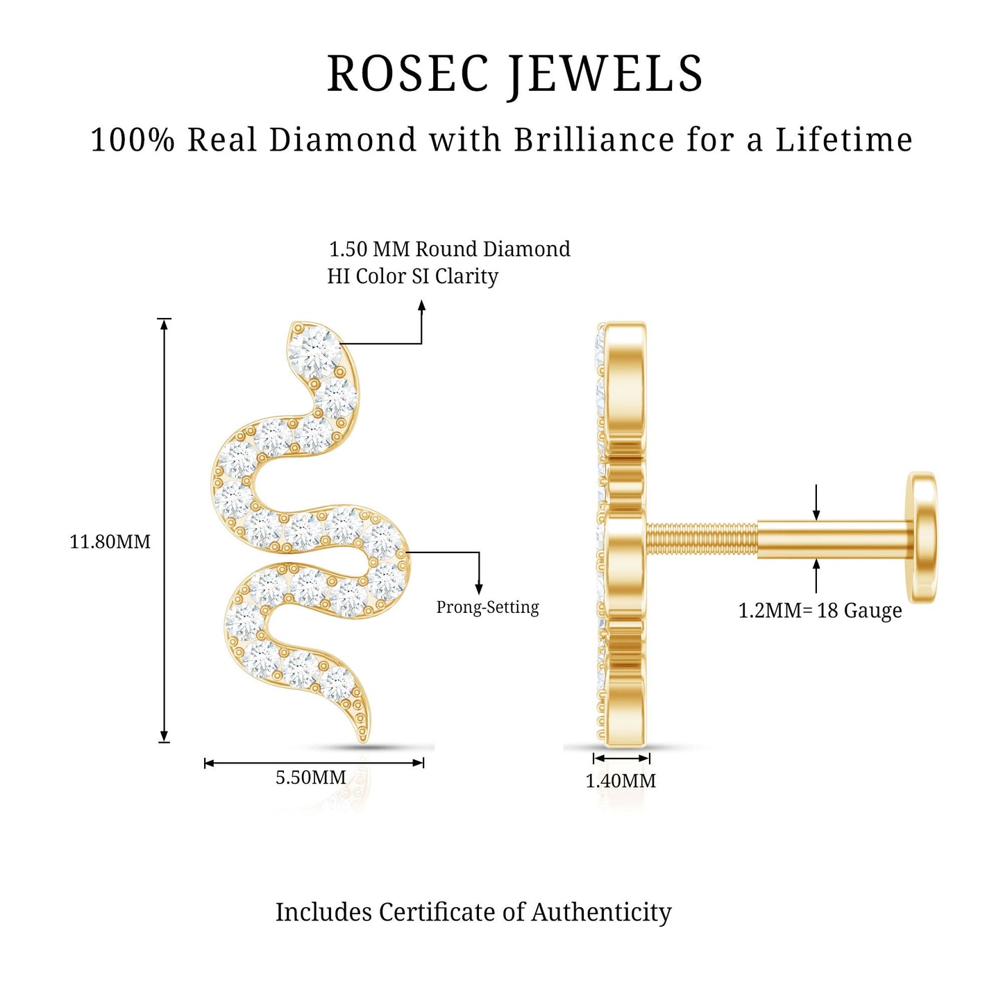Certified Diamond Snake Earring for Cartilage Piercing