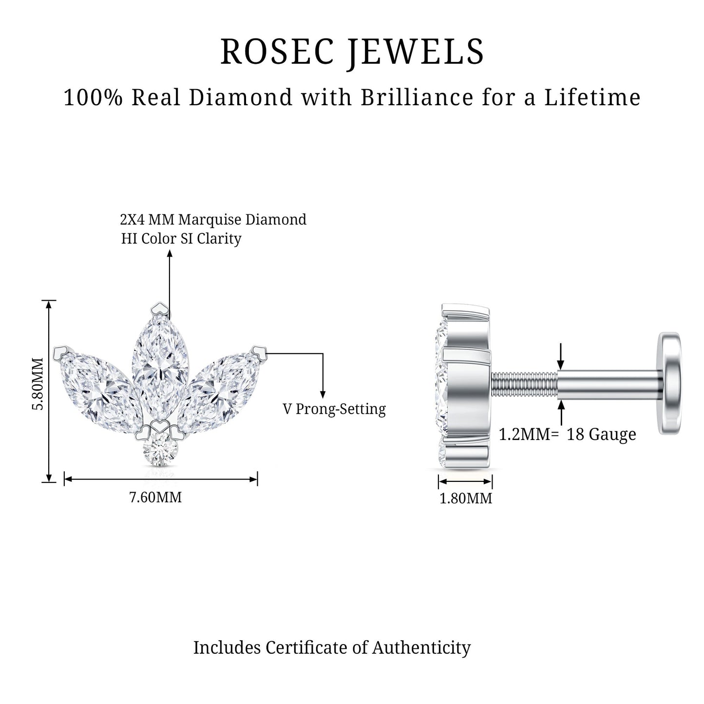 Marquise Cut Diamond Lotus Flower Earring for Cartilage Piercing