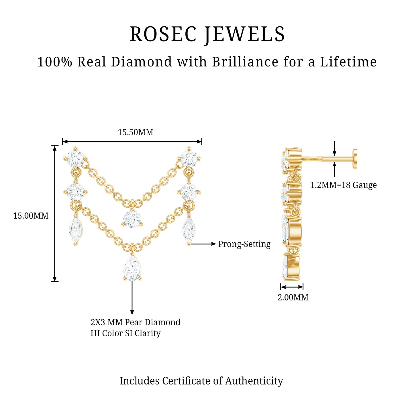 Real Diamond Double Chain Earring for Cartilage Piercing