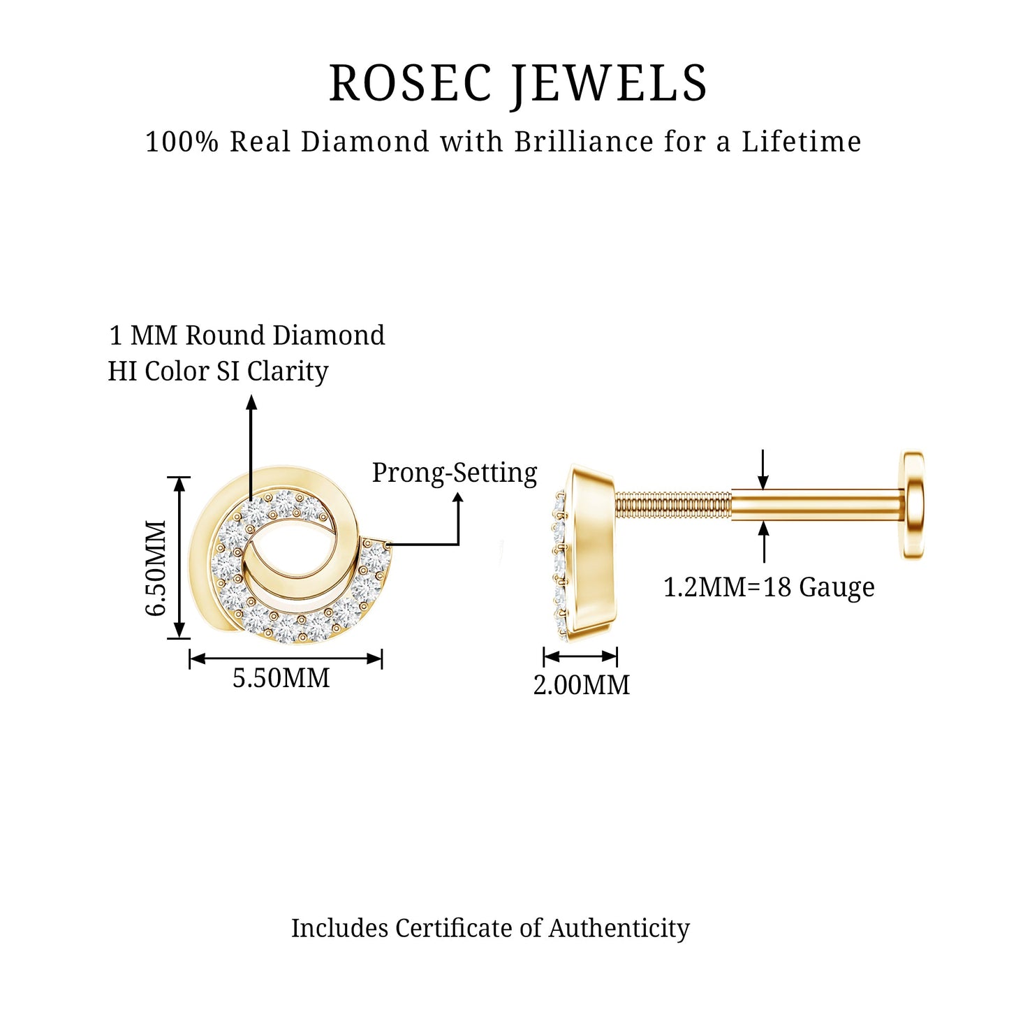 Certified Diamond Spiral Earring for Cartilage Piercing
