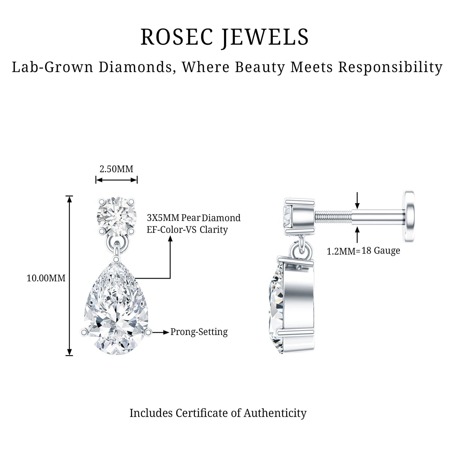 Pear and Round Cut Diamond Stud Drop Helix Earring