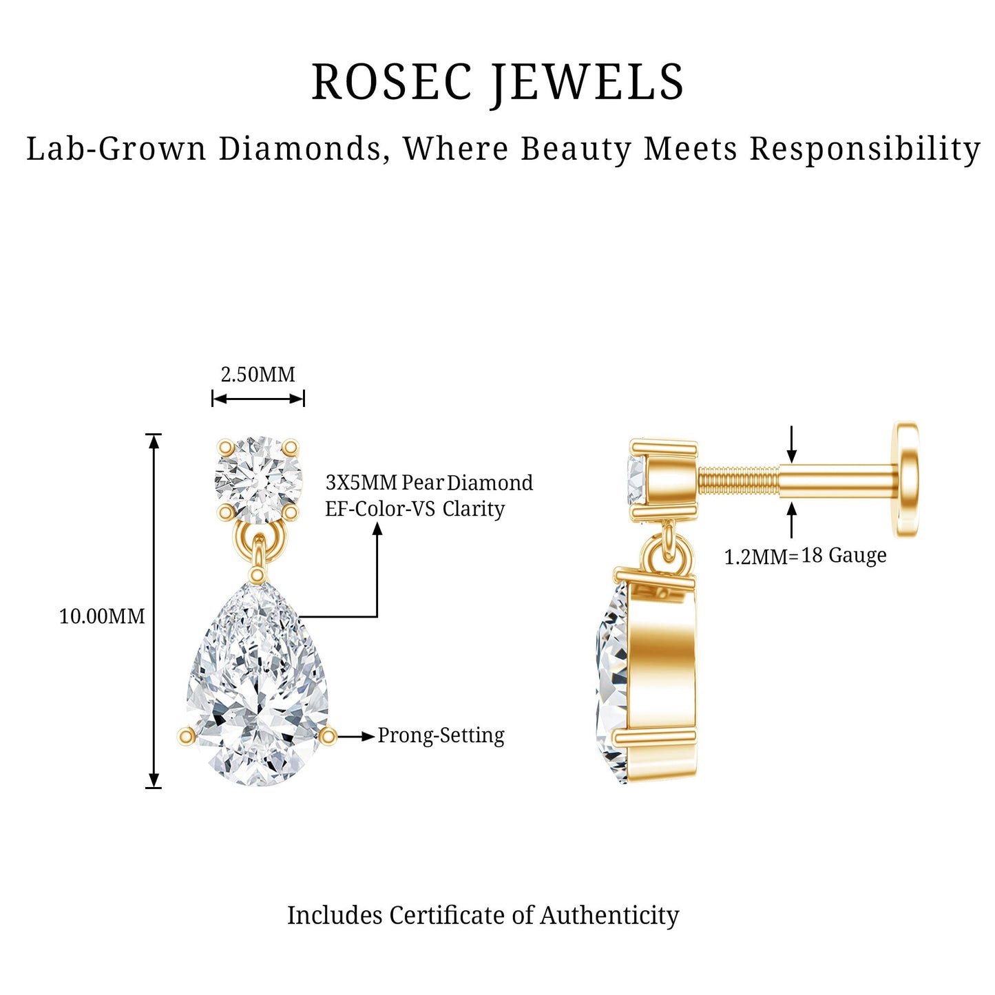 Pear and Round Cut Diamond Stud Drop Helix Earring