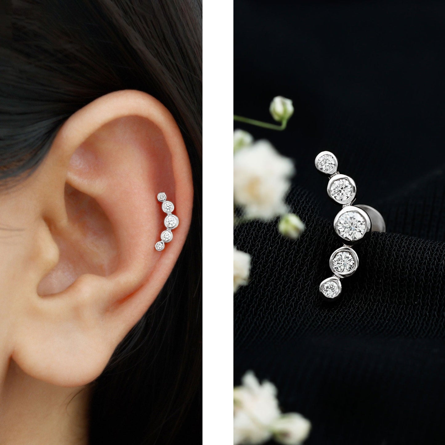 Graduated Diamond Ear Climber Earring in Bezel Setting