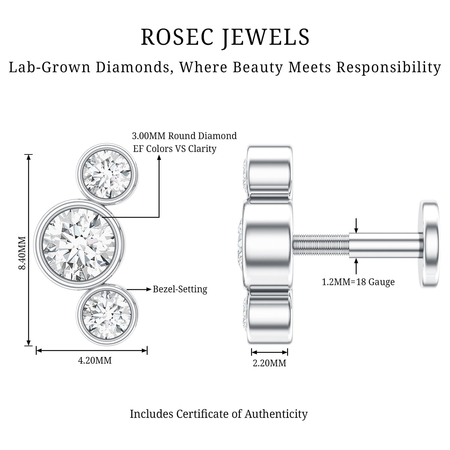 Bezel Set Diamond Three Stone Earring for Helix Piercing